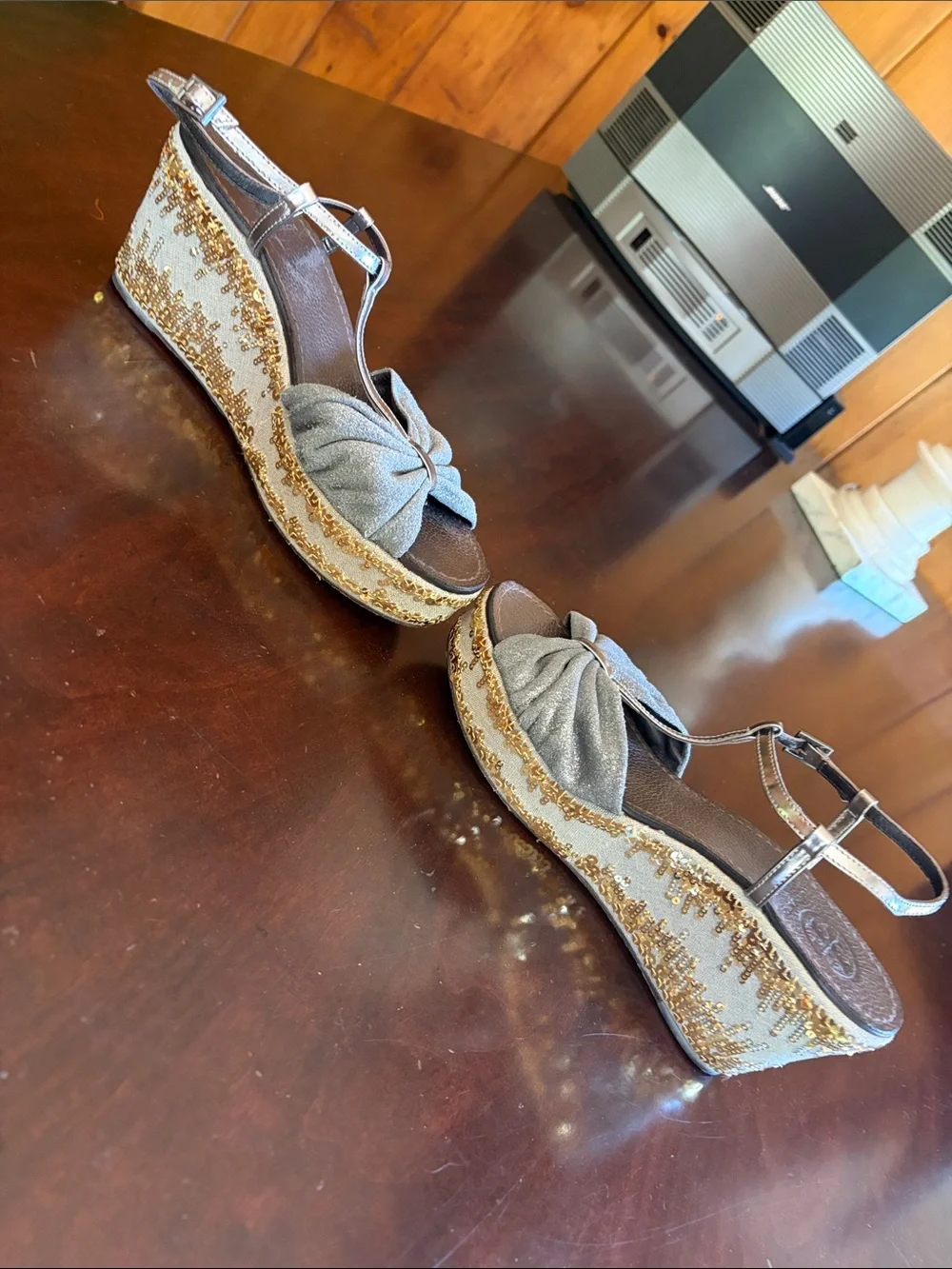 Tory Burch Gray Bow T-Strap Platform Sandals with Gold Trim